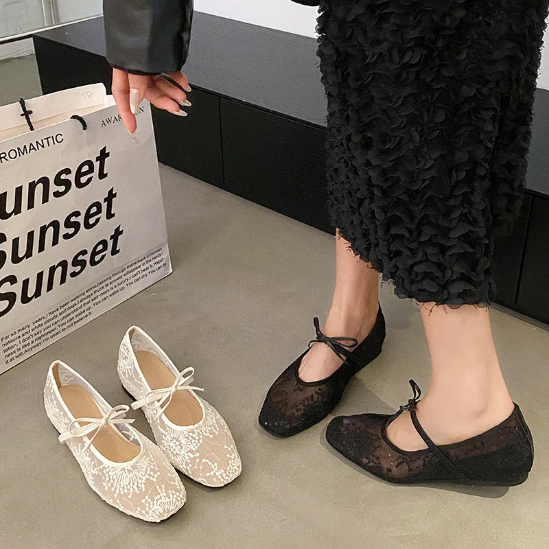 Mesh Lace Breathable Embroidery Comfort Mary Jane Flat