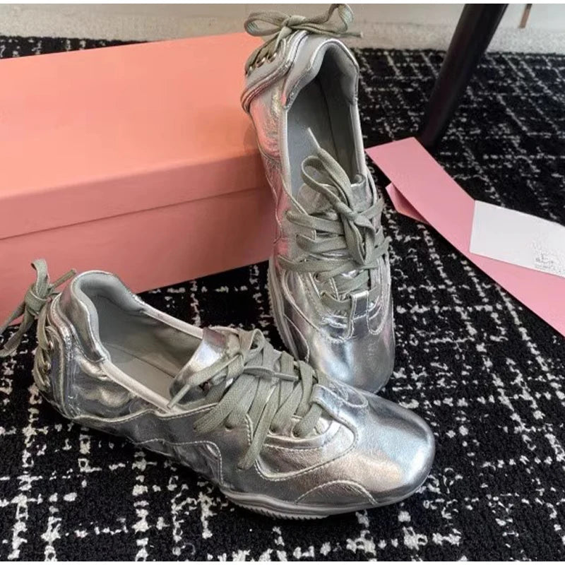 Vintage Denim Lace-Up Blue Pearl Bow Flat