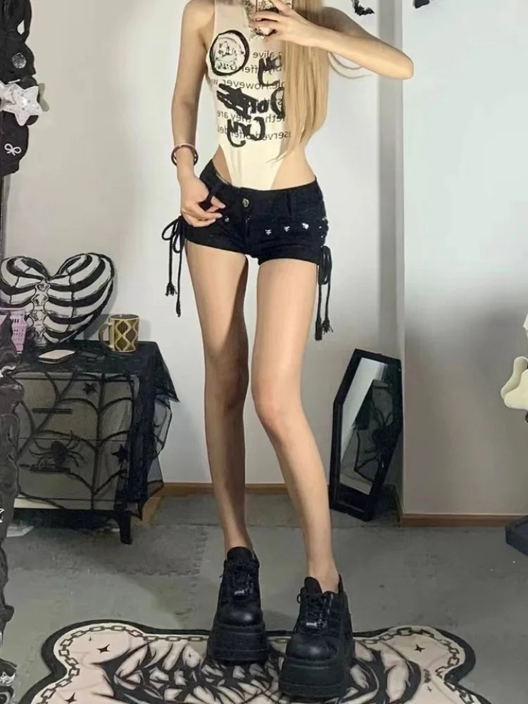 Lace-Up Skinny Denim Short