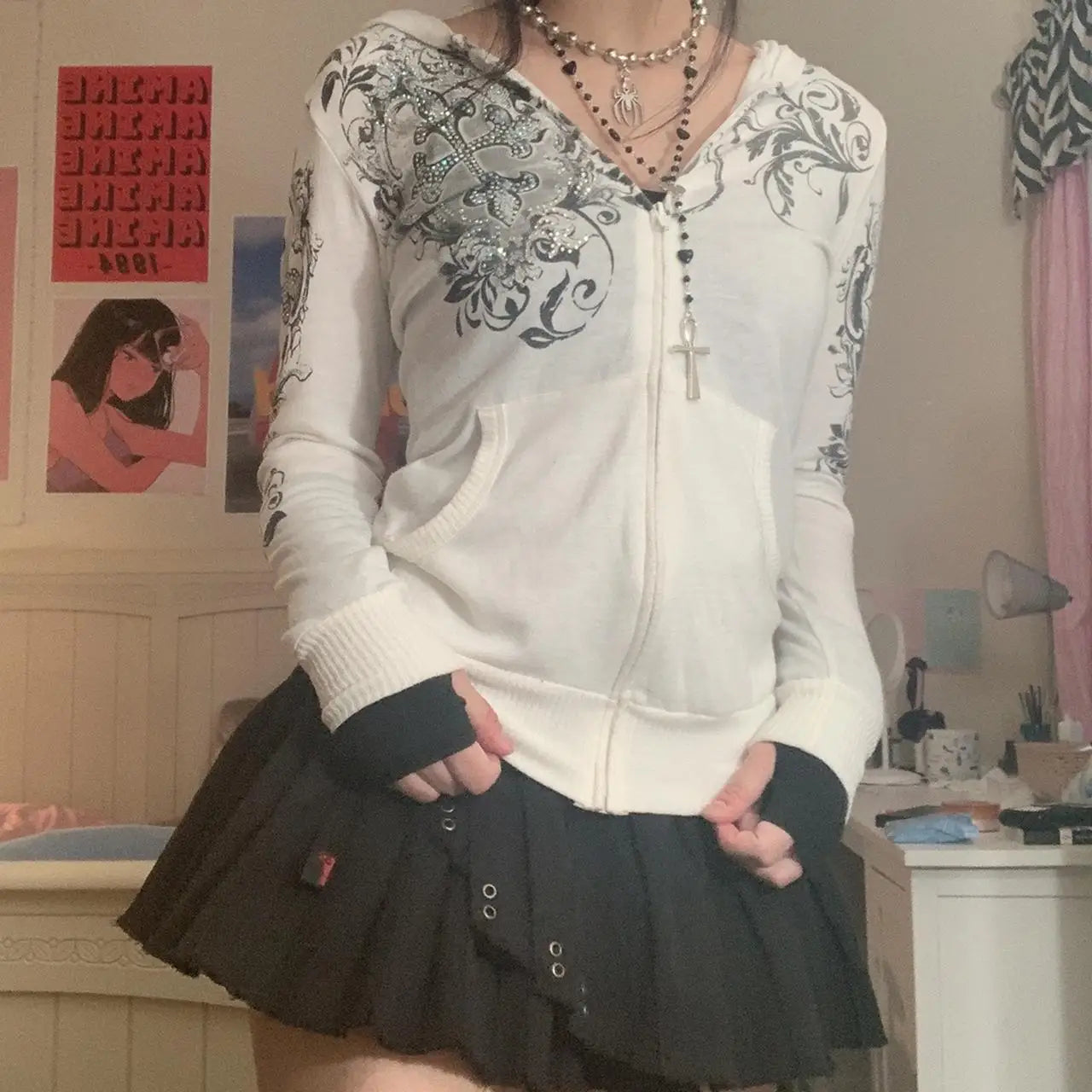 Gothic Rhinestone Zip Hoodie
