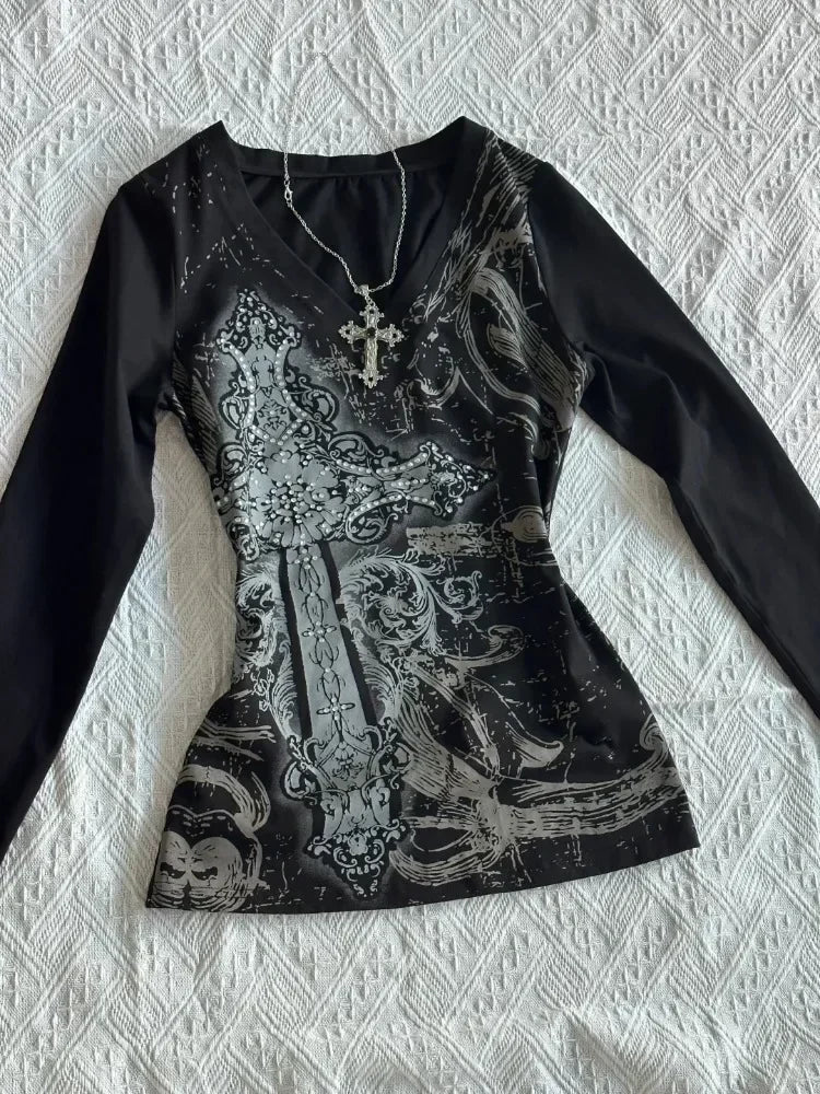 Gothic V-neck Graphic Cotton T-shirt
