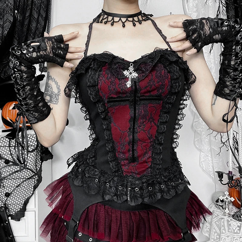 Goth Lace Trim Backless Crop Top