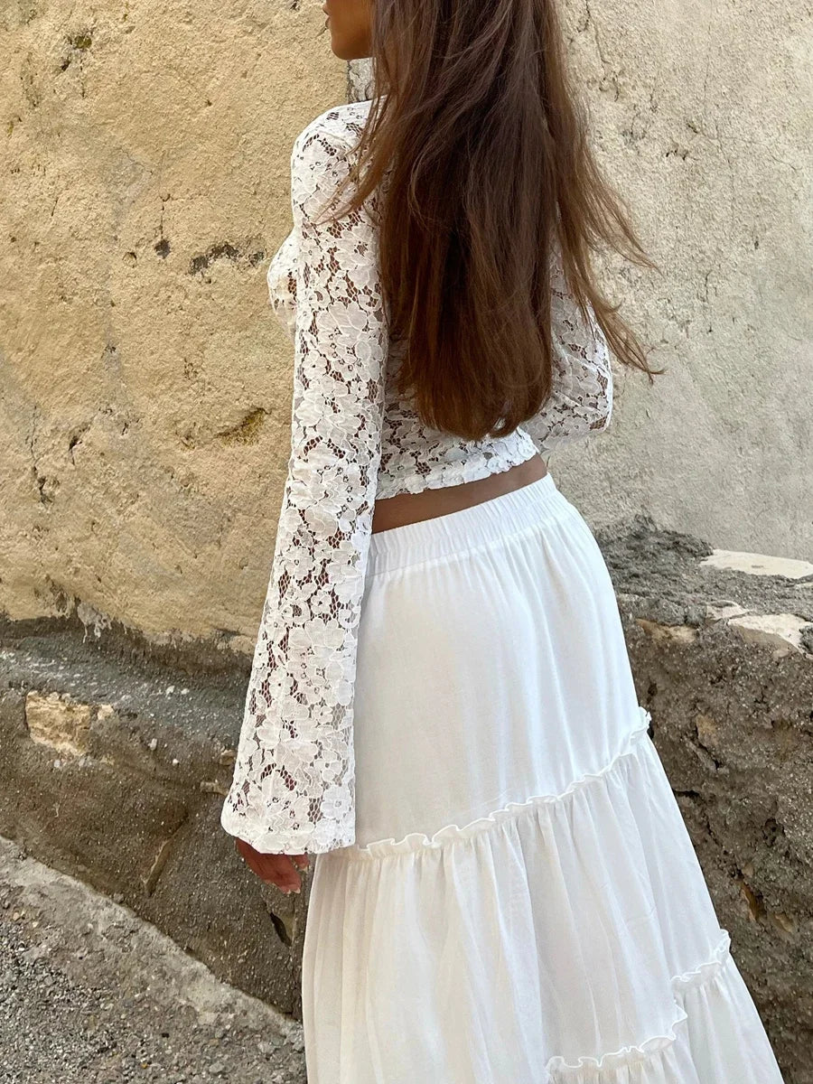 Lace Long Sleeve See Through Blouse