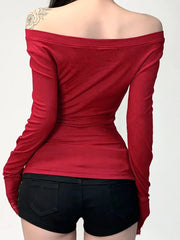 Vintage Gothic Off-shoulder Red Long-sleeve Knit Top