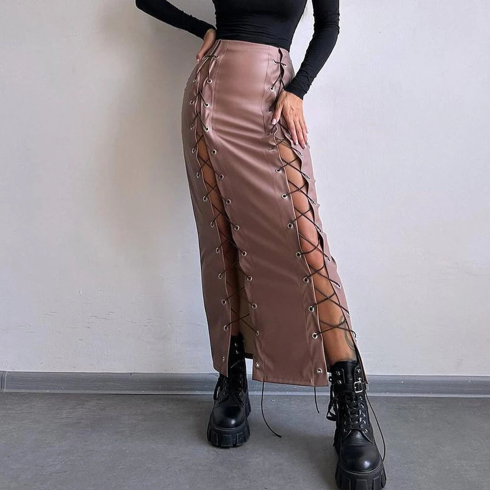 PU Leather Collage Splicing Long Skirt