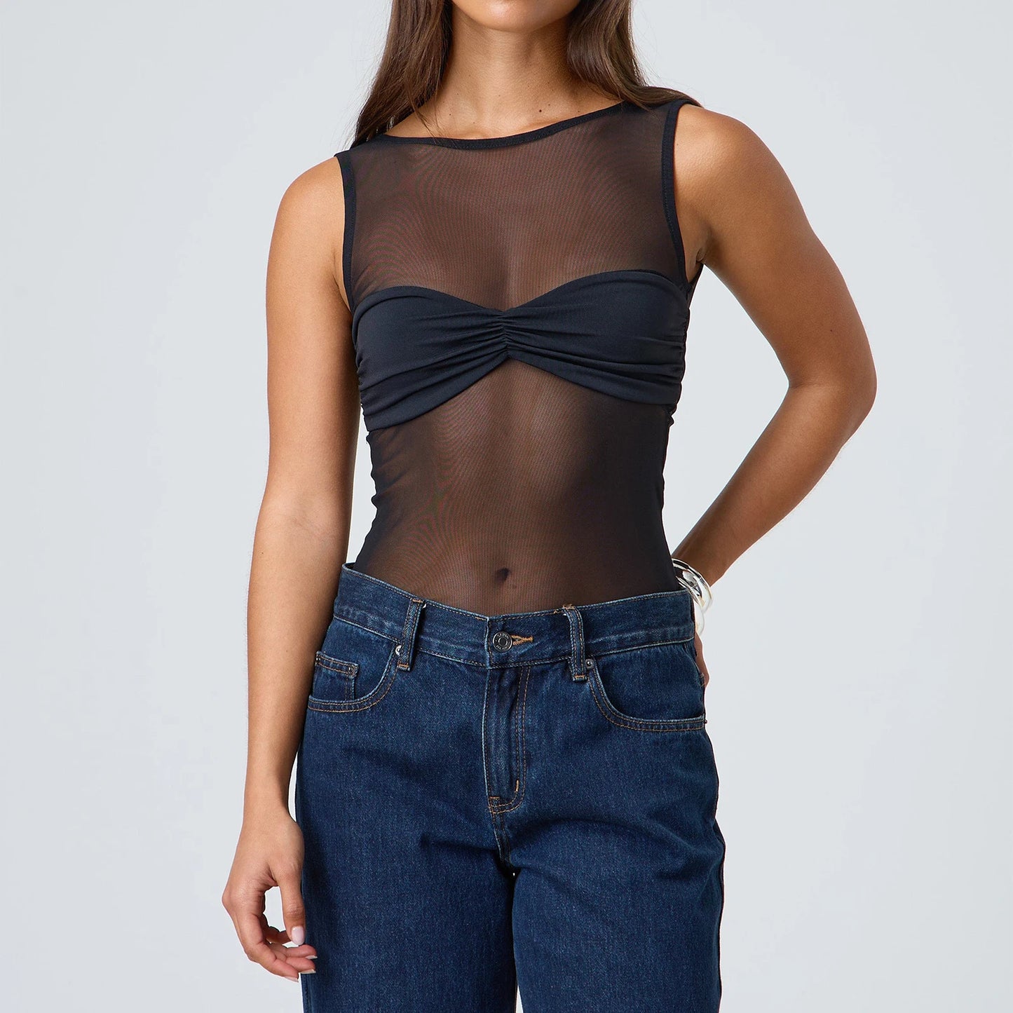 Sheer Mesh Ruched Transparent Crop Top