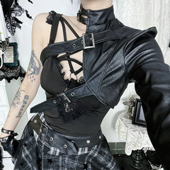 Punk One Shoulder Leather Blouse