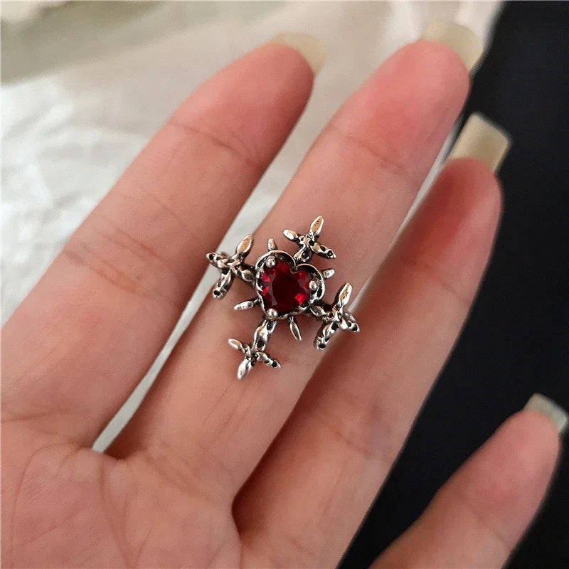 Goth Punk Red Crystal Heart Cross Ring
