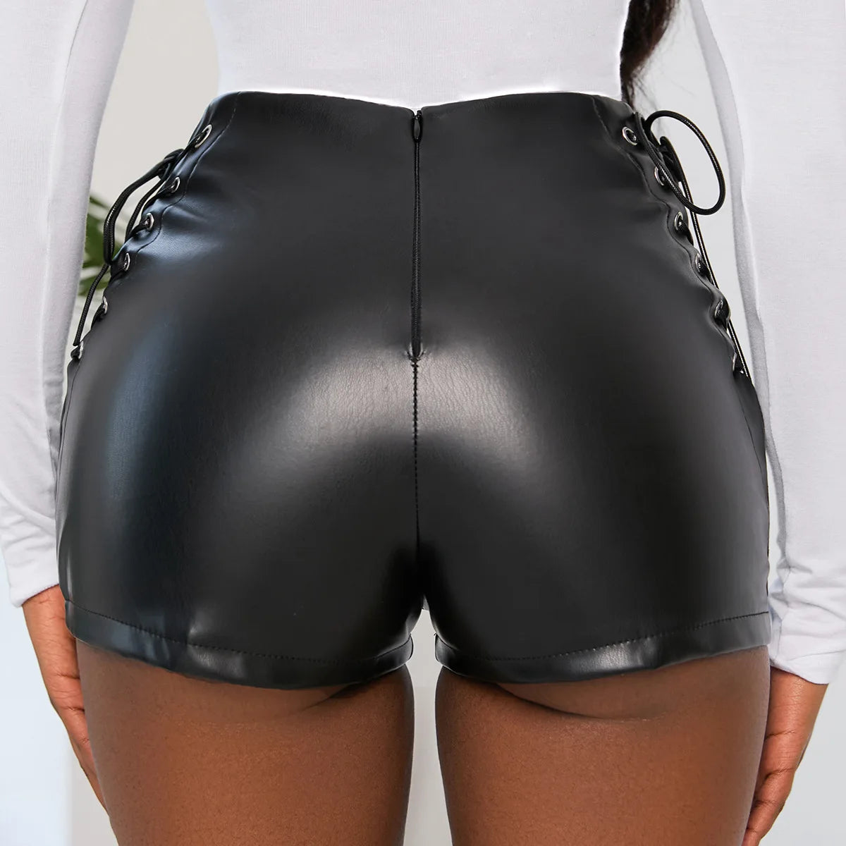 Black Lace-Up PU Leather Short