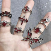 Red Crystal Love Heart Cross Gothic Ring