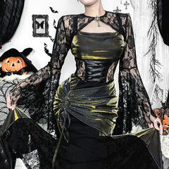 Lace Trim Flare Sleeve Mesh Top