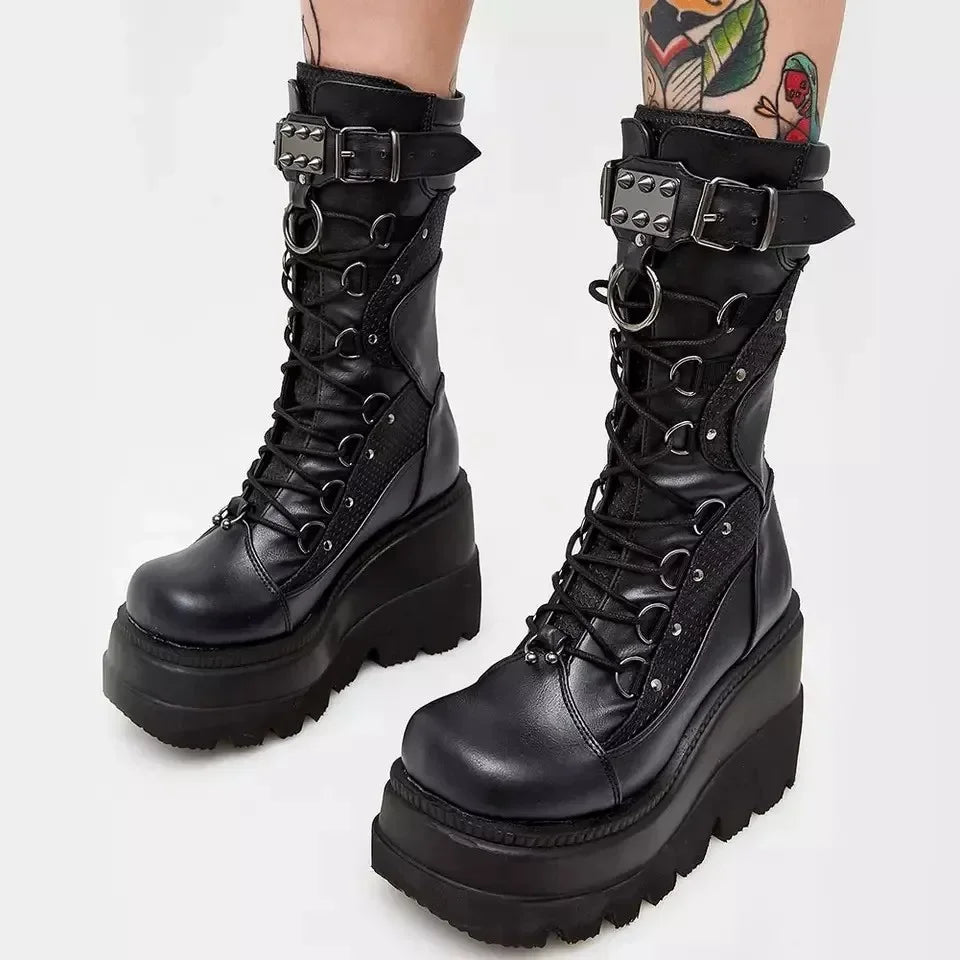 Brand New Goth Platform Rivet Punk Wedge Boot