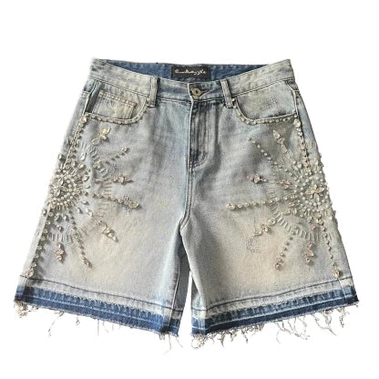 Rhinestone Raw Edge Denim Short