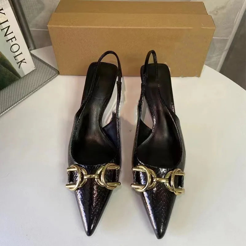Golden Decorative Gothic Pointed High Heels Slingback