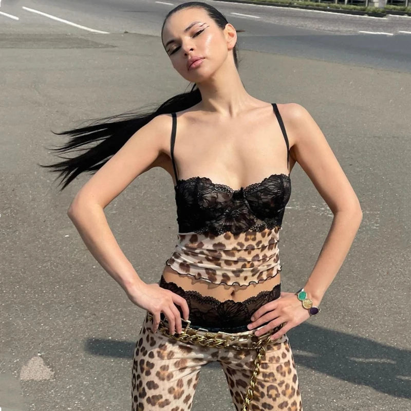 Retro Leopard Pattern Lace Slim Crop Top