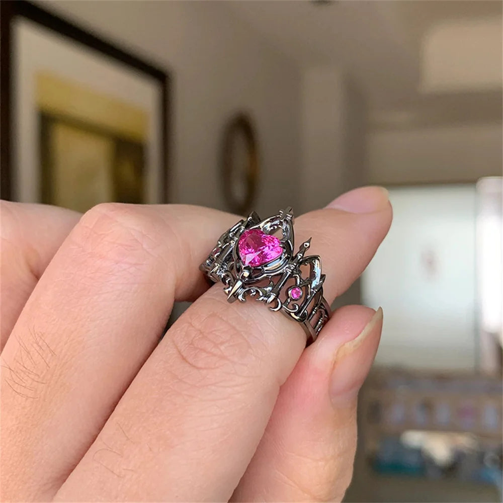 Kpop Y2K Crystal Heart Adjustable Gothic Ring