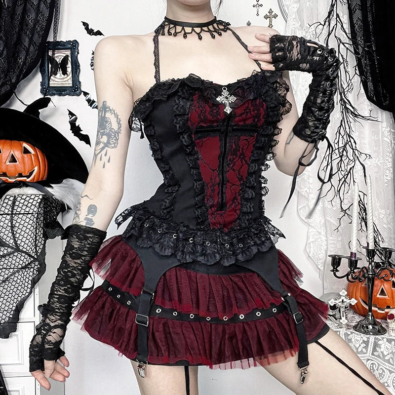 Goth Lace Trim Backless Crop Top