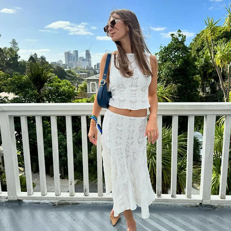 Slim Fit Lace Hollow Top with White Beach Skirt Crop Top