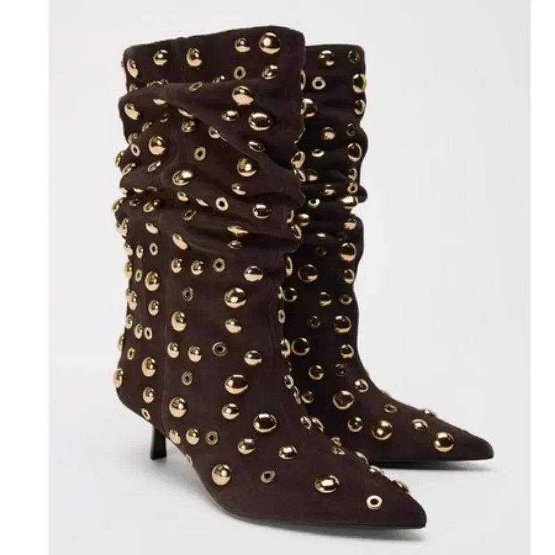 Sexy Rivet Pleated High Heel Pointed Gothic Boot