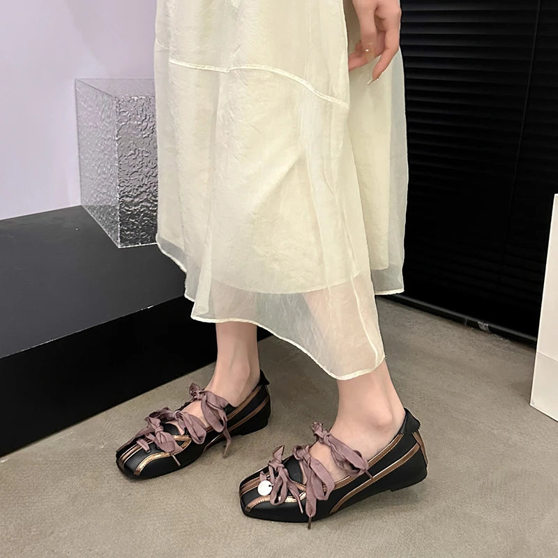 Spring Color Matching Small Square Bow Lazy Slip-On Flat