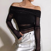 Slash Neck Long Sleeve Mesh Top