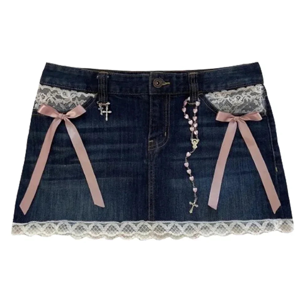 Rhinestone Denim Retro Black Skirt