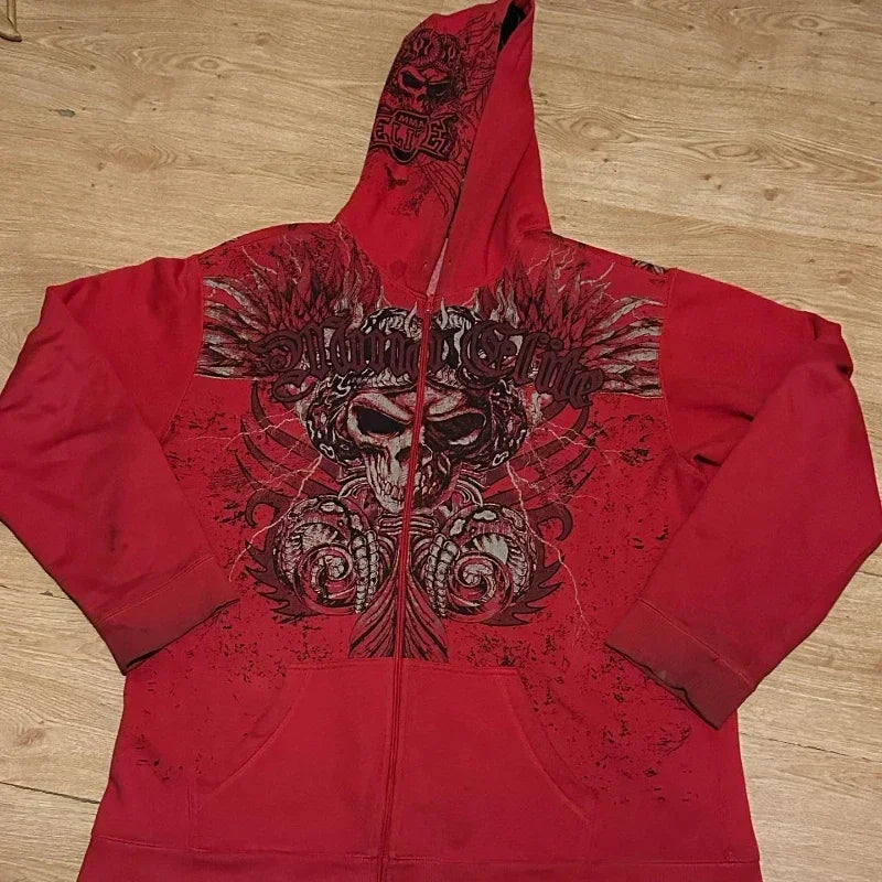 Gothic Skull Print Zip Hoodie