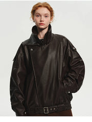 Long Sleeve Brown Leather Jacket