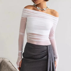 Slash Neck Long Sleeve Mesh Top