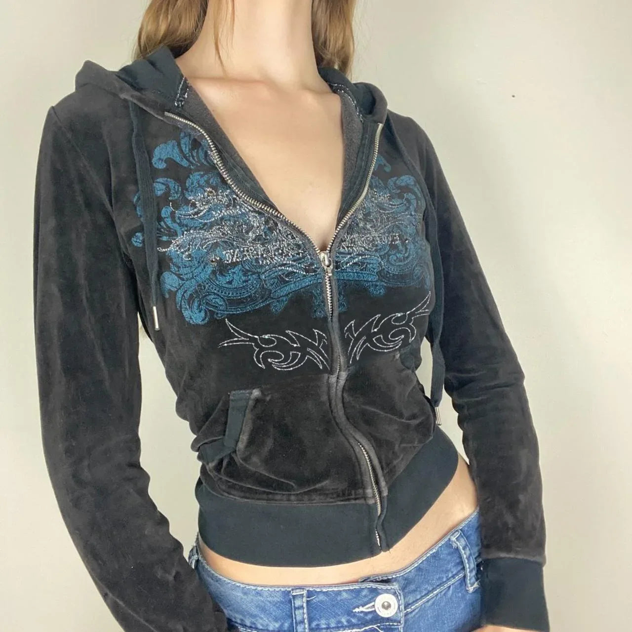 Gothic Rhinestone Zip Cardigan Hoodie