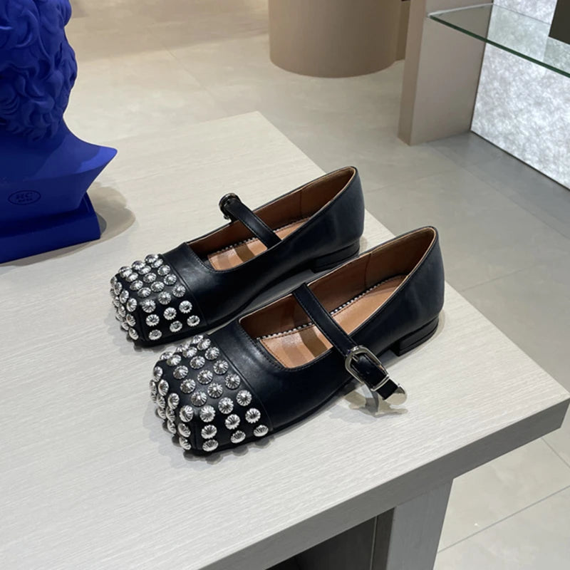 Rivet Cross Strap Square Toe Loafers Flat