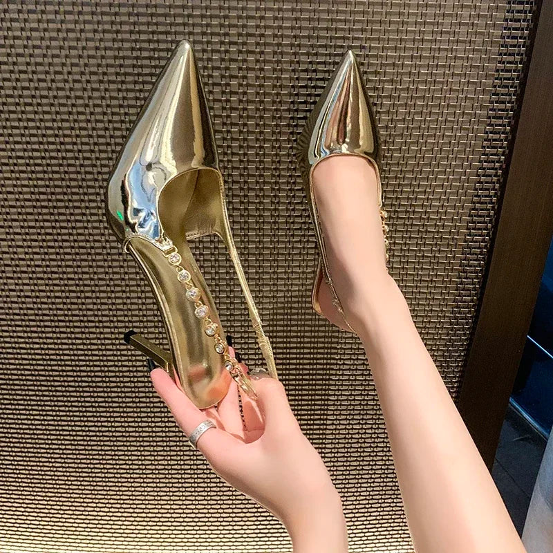 Shiny Metallic Crystal Gothic Slingback Stiletto High Heel