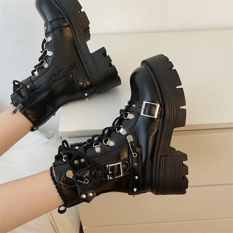 Gothic Style Platform Mid-Calf Motorcycle Boot