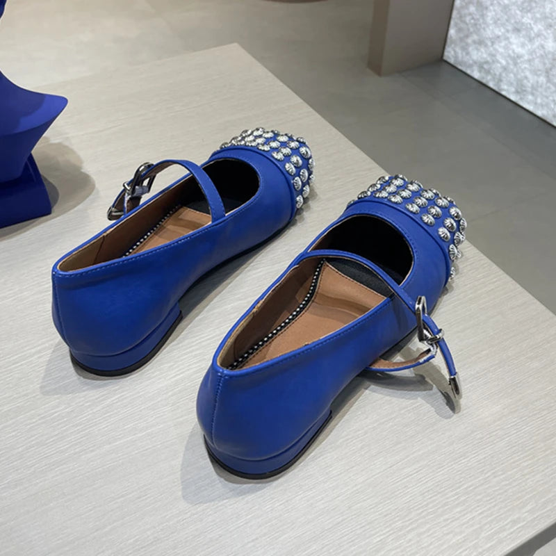 Rivet Cross Strap Square Toe Loafers Flat