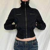 Retro Zip Up Stand Collar Jacket