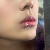 White Zirconia Cross Silver Punk Lip Stud