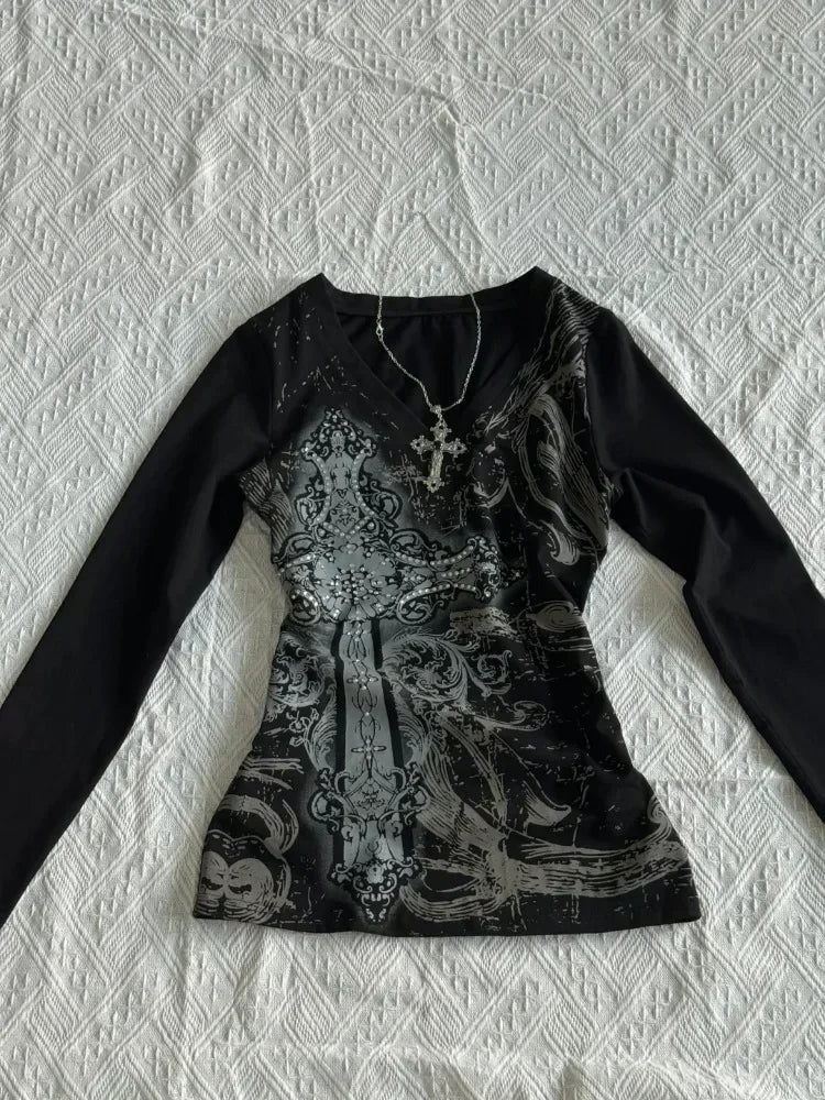 Gothic V-neck Graphic Cotton T-shirt
