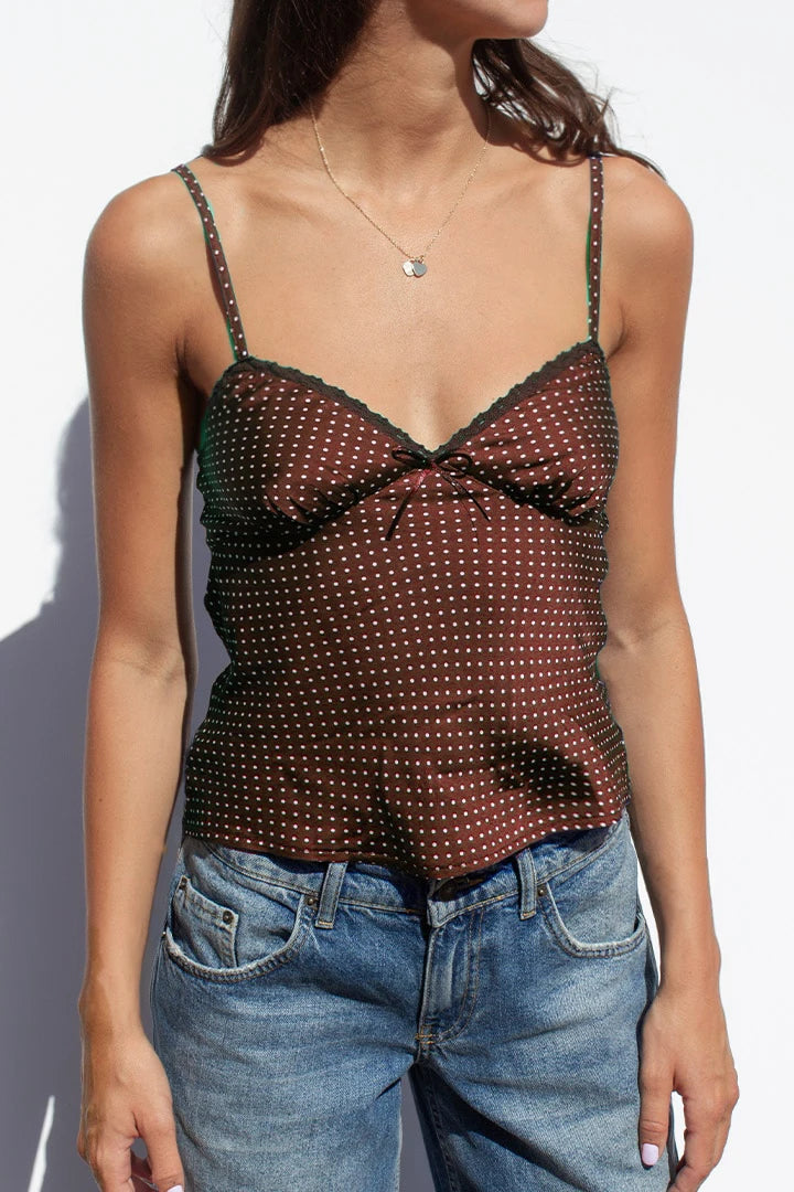 Retro Dots Print Lace Trim V Neck Crop Top