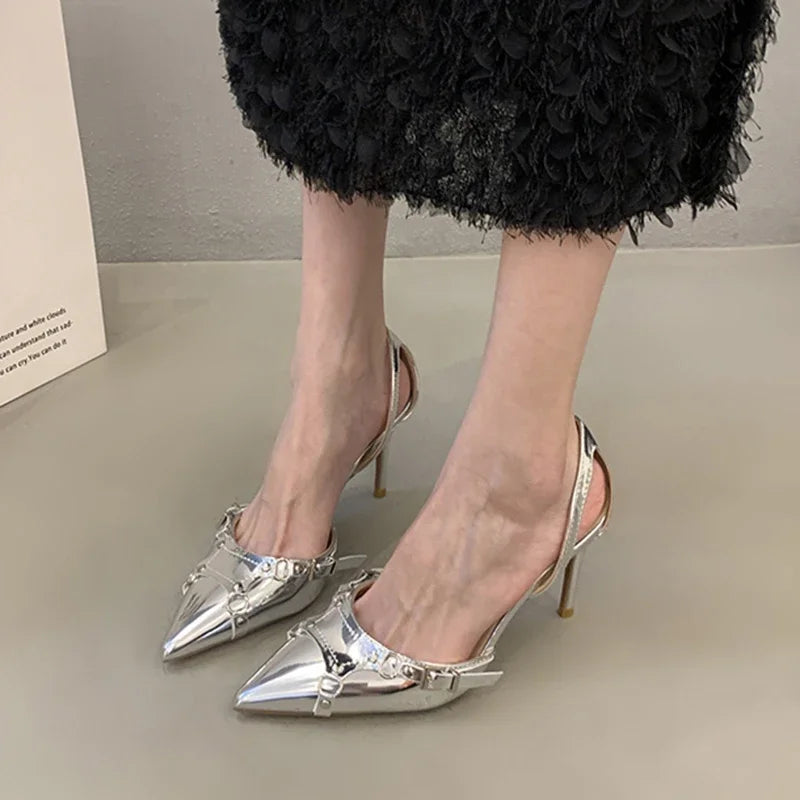 Y2K Silver Punk Gothic Pointed Toe High Heel