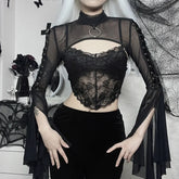 Black Mesh Lace Up Flared Blouse