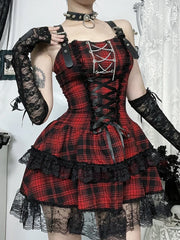 Red Plaid Lace Patchwork PU Strap High Waist Mini Dress