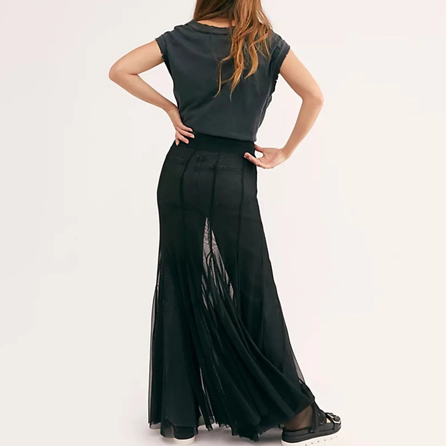 Mesh Sheer Ruffle Midi Skirt