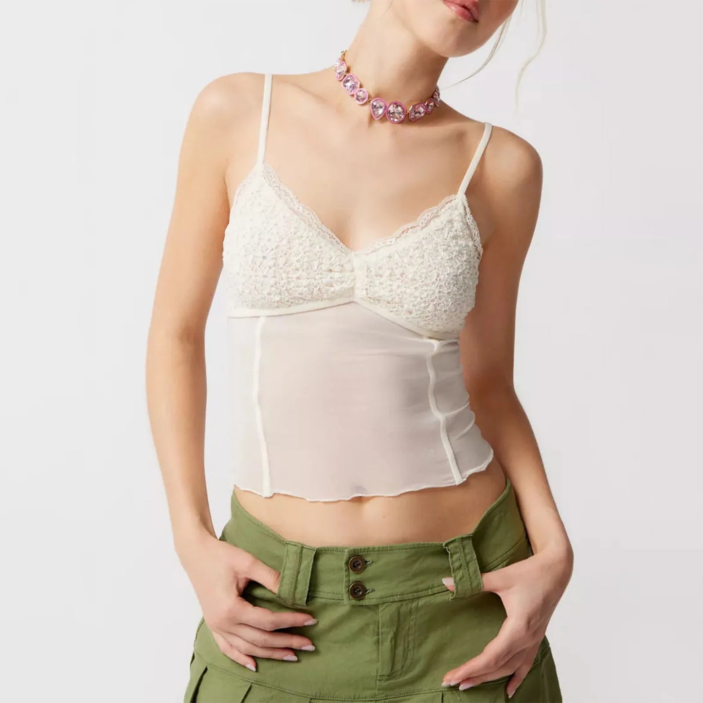 Sheer Mesh Lace V-Neck Backless Crop Top