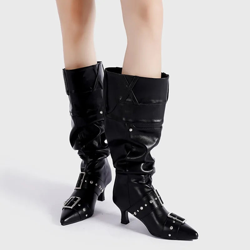 Pointed Toe Metal Rivet Gothic Knee-High Boot