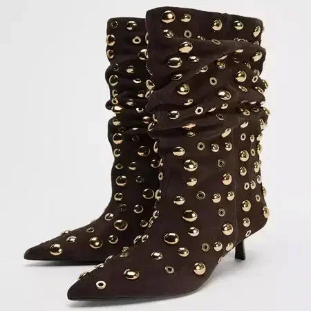 Sexy Rivet Pleated High Heel Pointed Gothic Boot