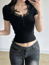 Lace Trim Bow Button Up Y2K Crop Top