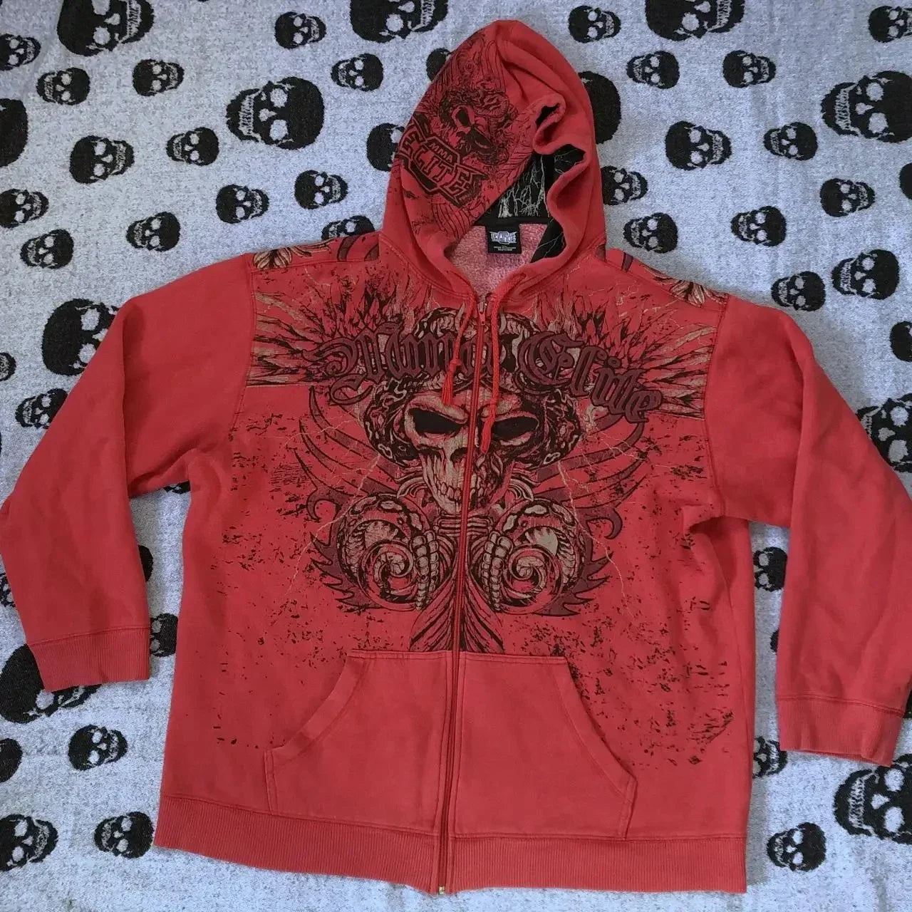 Gothic Skull Print Zip Up Hoodie