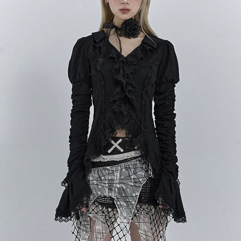 Gothic Black Lace Flare Sleeve Blouse