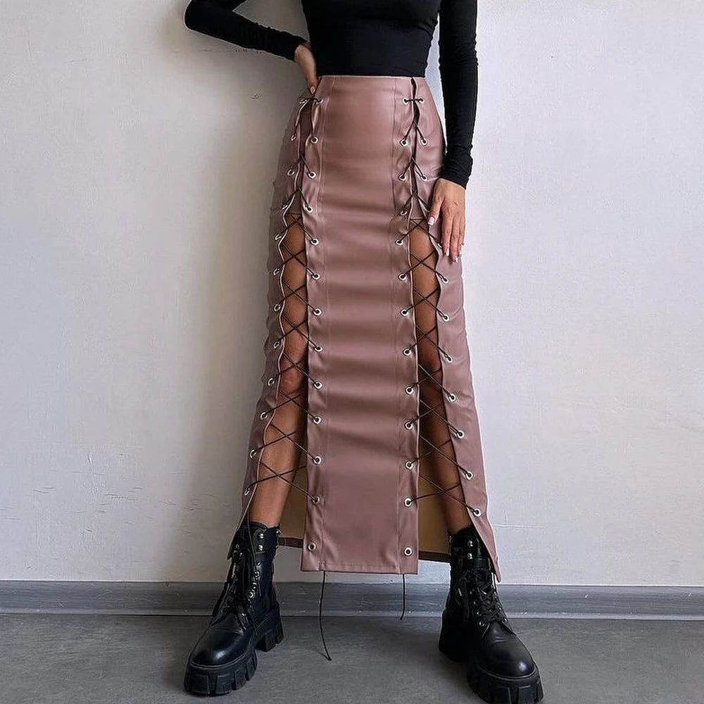 PU Leather Collage Splicing Long Skirt