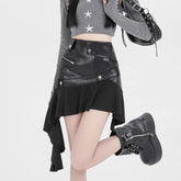 Irregular PU Leather Ruffle Skirt